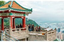 Observation deck with ornate pagoda on Victoria Peak in Hong Kong Observation deck with ornate pagoda on Victoria Peak in Hong Kong